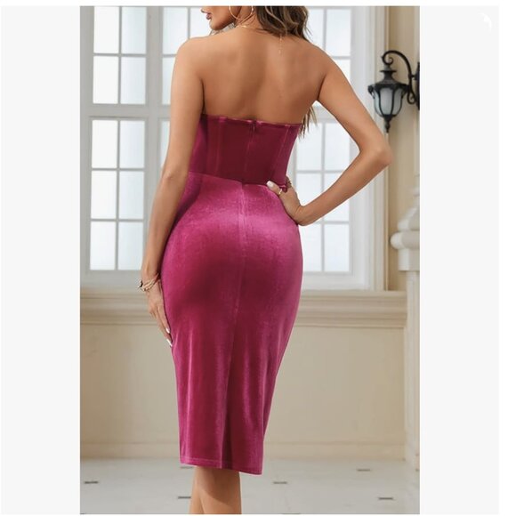 Velvet Bodycon Ruched Dress Strapless Corset Tube Asymmetrical Silt Midi Dress - Picture 5 of 13